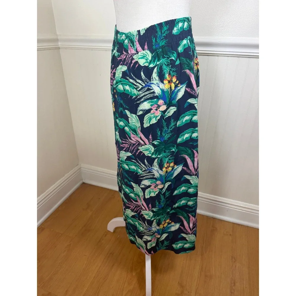 LOFT Tropical Floral Maxi Skirt‎ Womens XSP Navy Blue Button Side Slit Petite